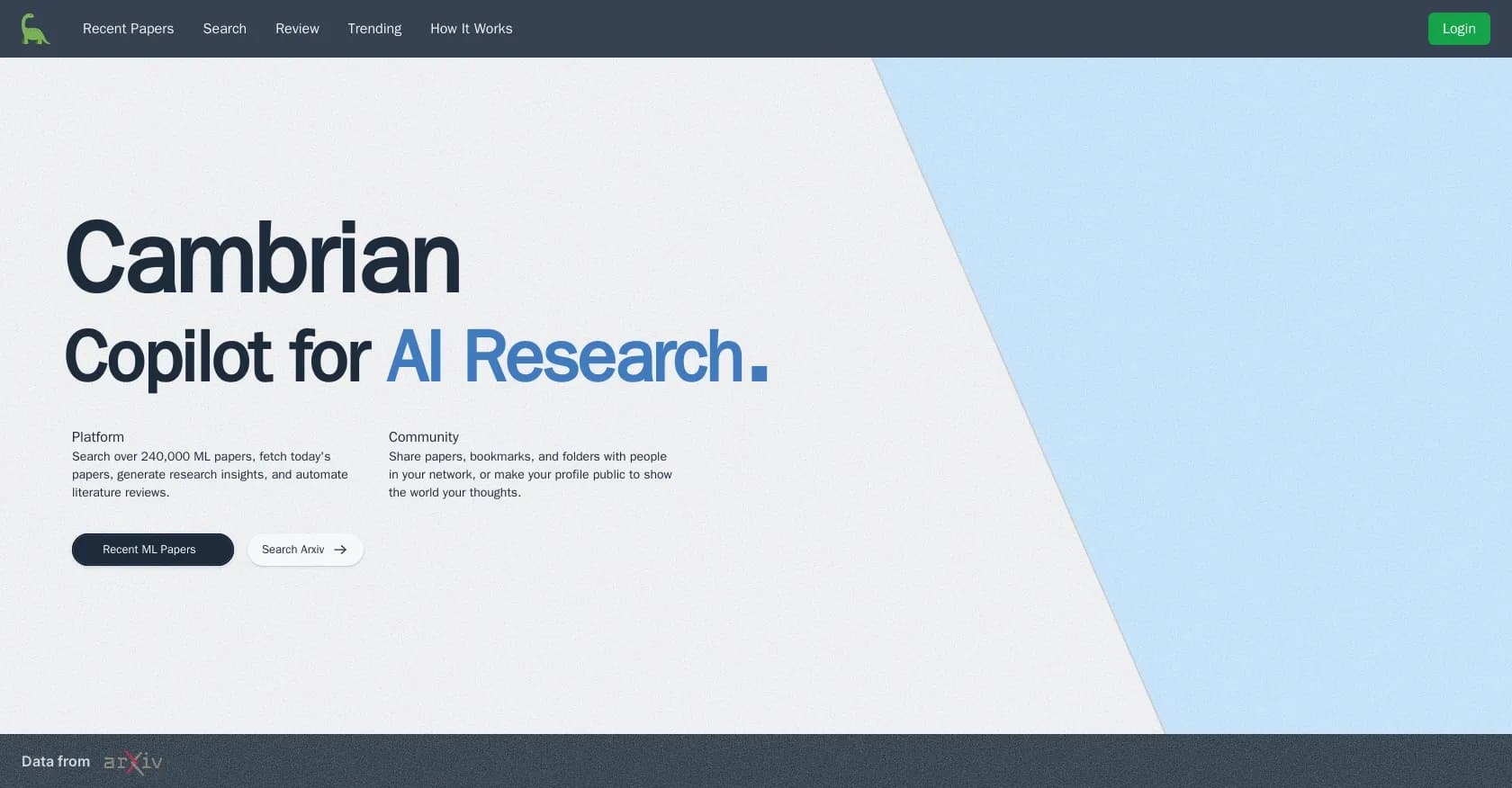 Cambrianml homepage screenshot — AI-powered research assistant for machine learning papers.