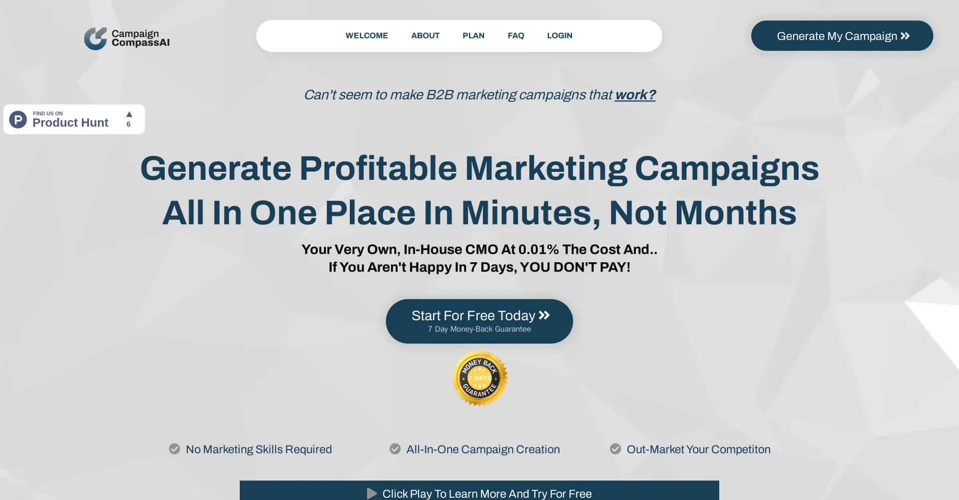 Campaign CompassAI homepage screenshot — Generate profitable B2B marketing campaigns in minutes
