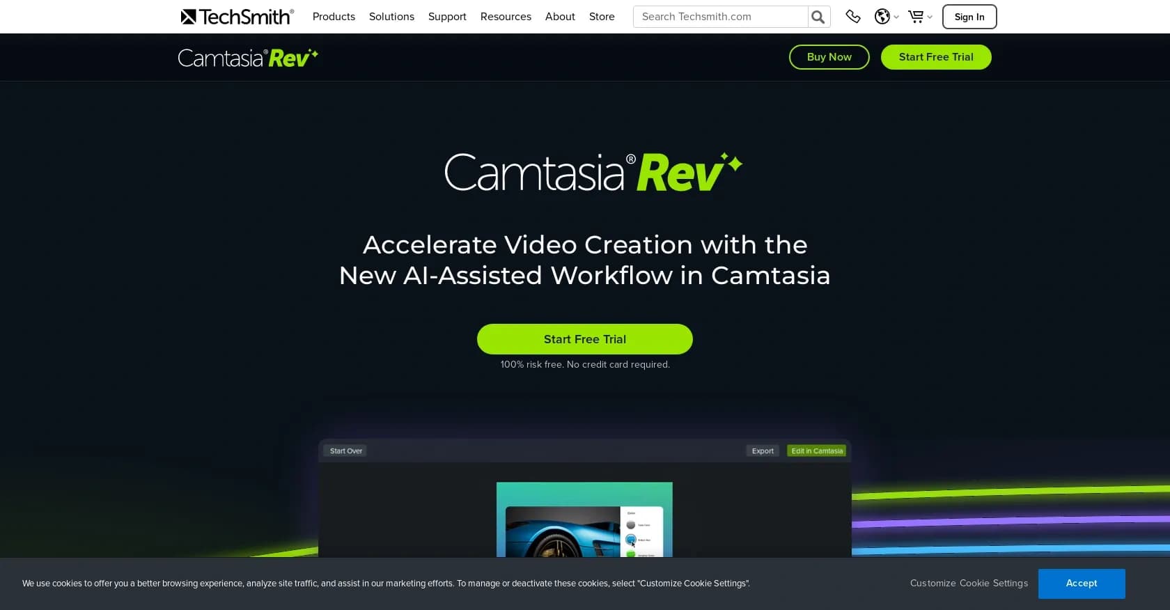 Camtasia Rev homepage screenshot — AI-powered video creation, faster and easier.