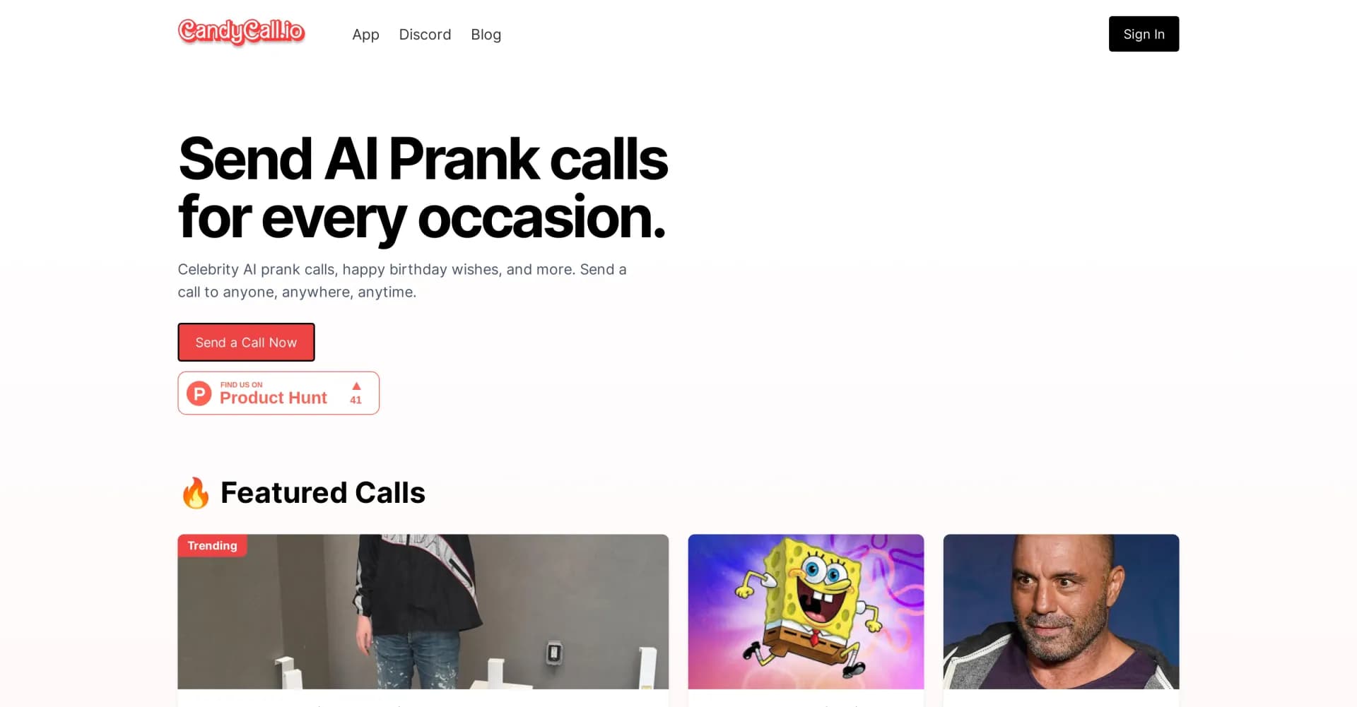 CandyCall homepage screenshot — Send celebrity AI prank calls instantly.