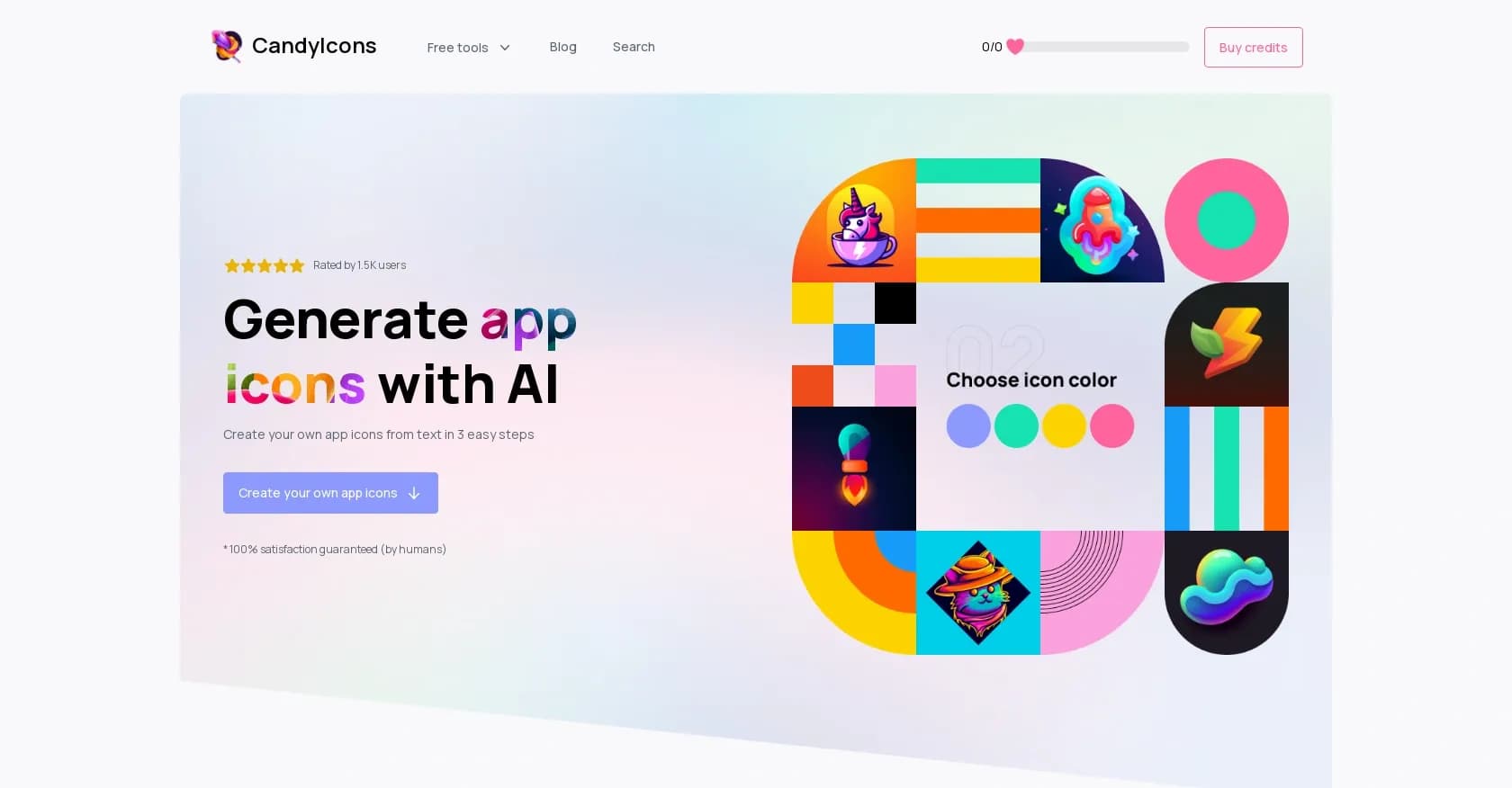 CandyIcons homepage screenshot — Generate custom app icons easily.