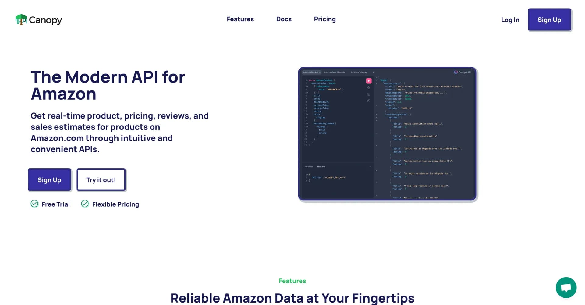 Canopy API homepage screenshot — Access real-time Amazon data through intuitive APIs