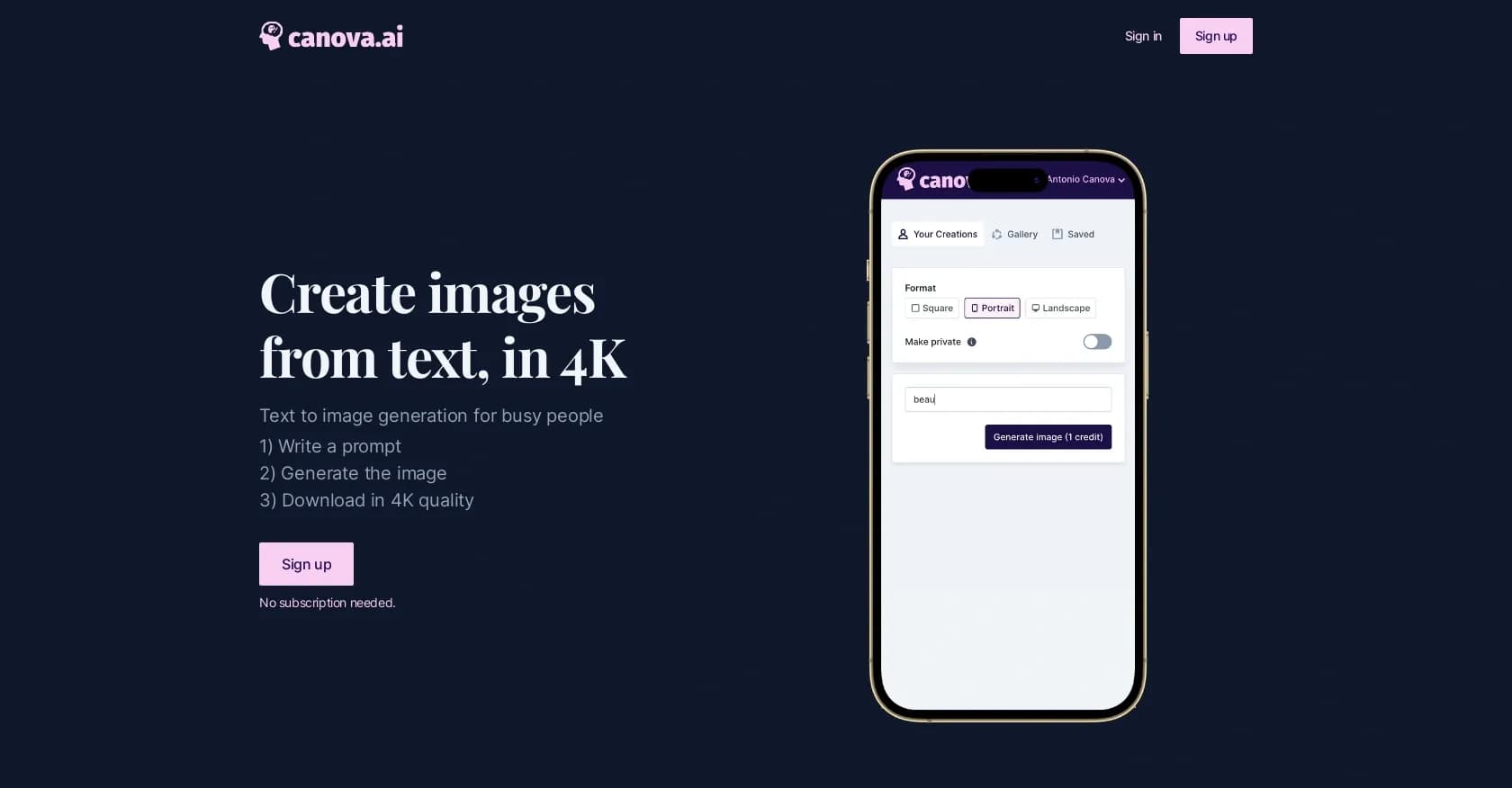 Canova homepage screenshot — Text to 4K images in seconds.