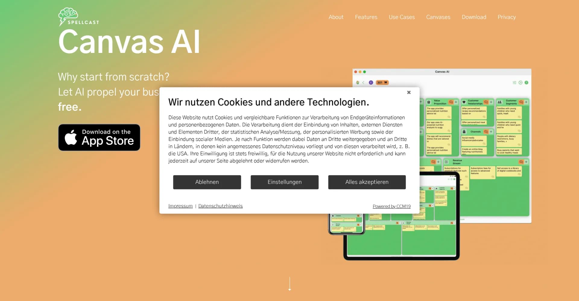 Canvas AI homepage screenshot — AI-powered canvas for business strategy innovation