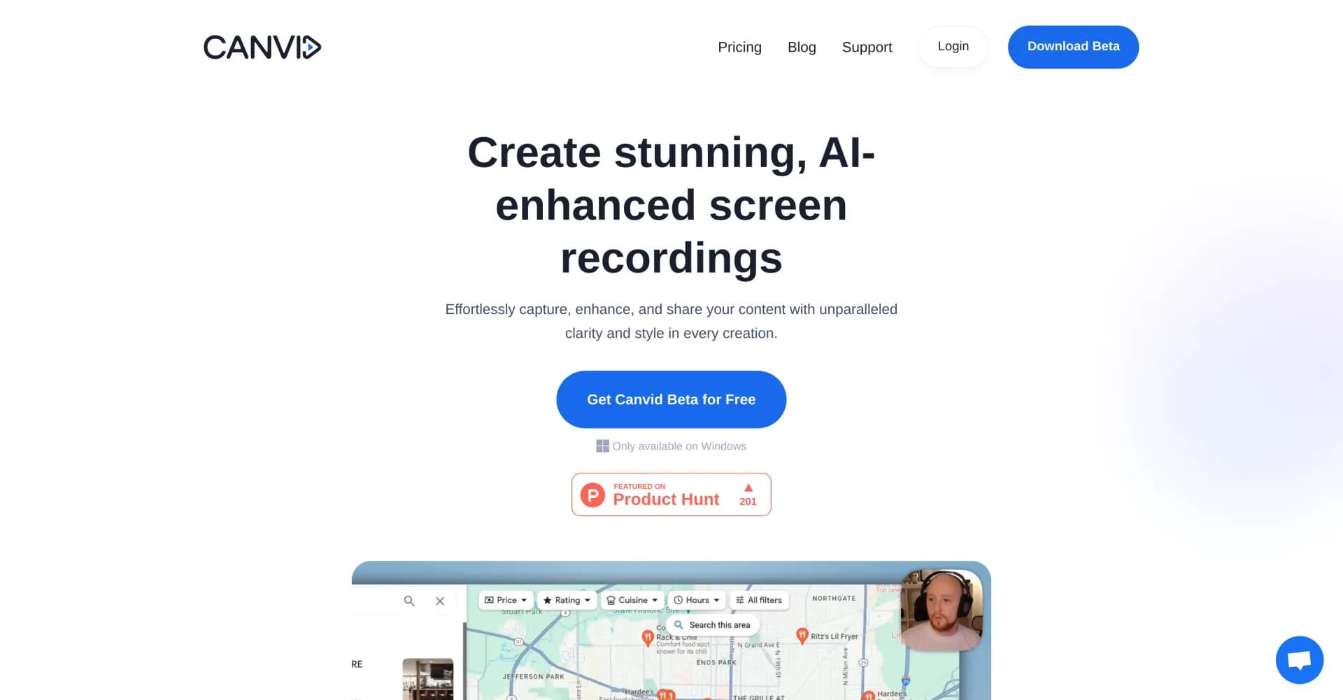 Canvid homepage screenshot — Create stunning, AI-enhanced screen recordings