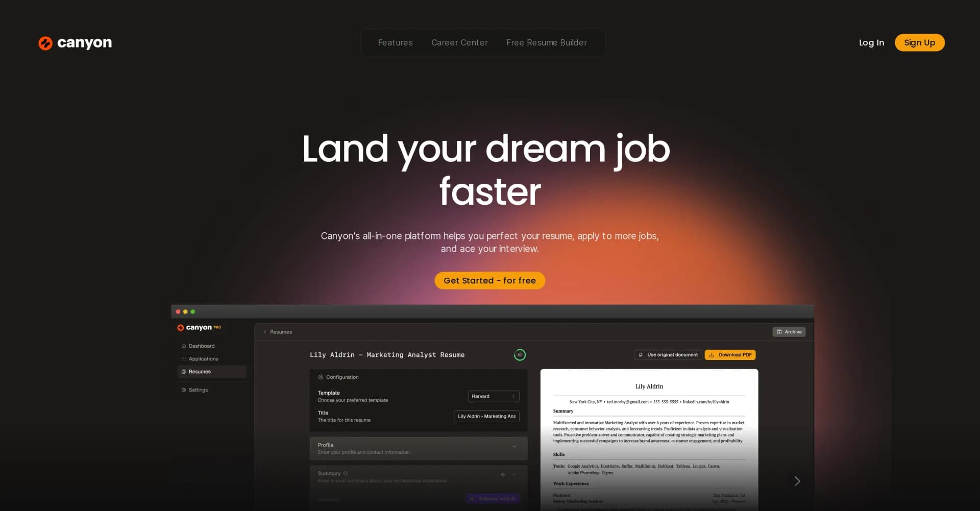 Canyon homepage screenshot — Land your dream job faster with AI-powered tools.