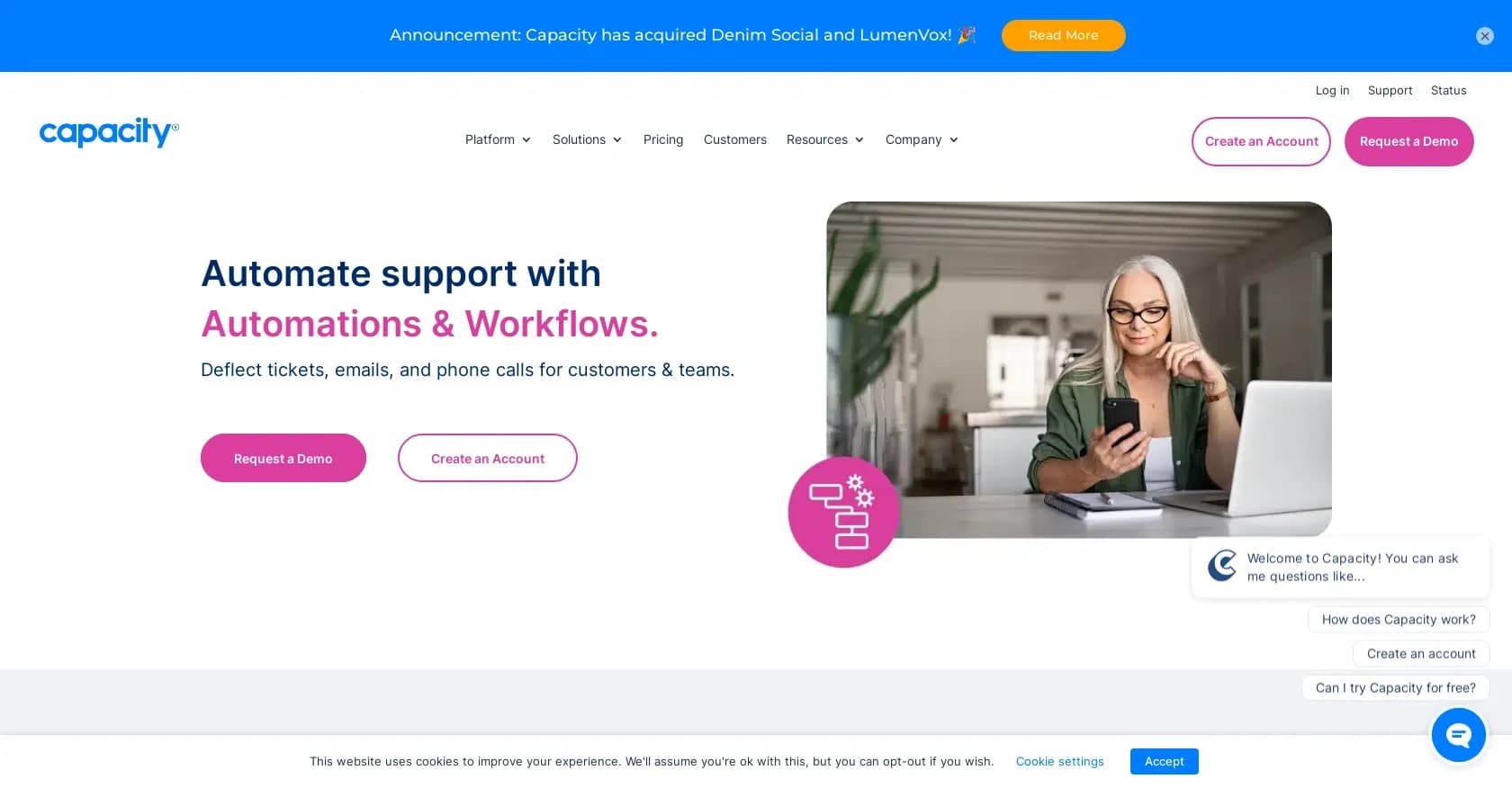 Capacity homepage screenshot — Connect your tech stack to automate support tasks.