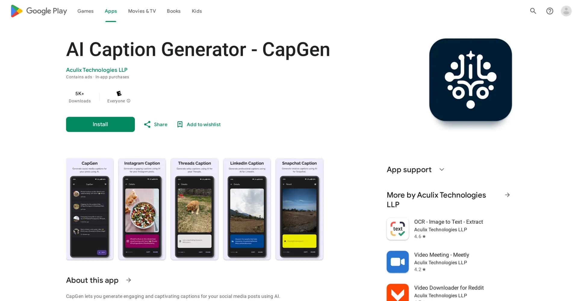CapGen homepage screenshot — Generate captivating captions using AI for your social media