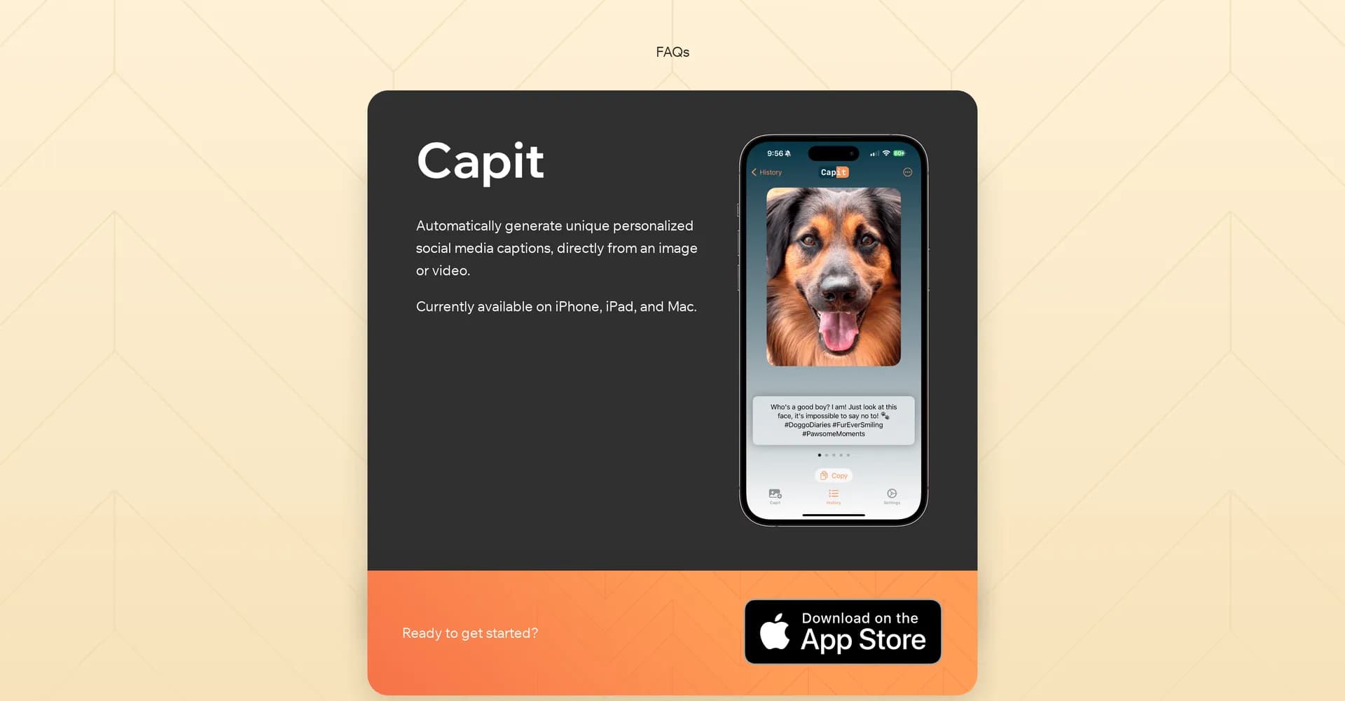 Capit homepage screenshot — Automatically generate unique personalized social media capt
