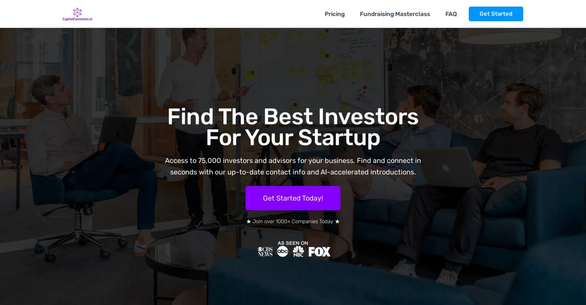 CapitalConnector homepage screenshot — Connect with 75,000 investors in seconds.