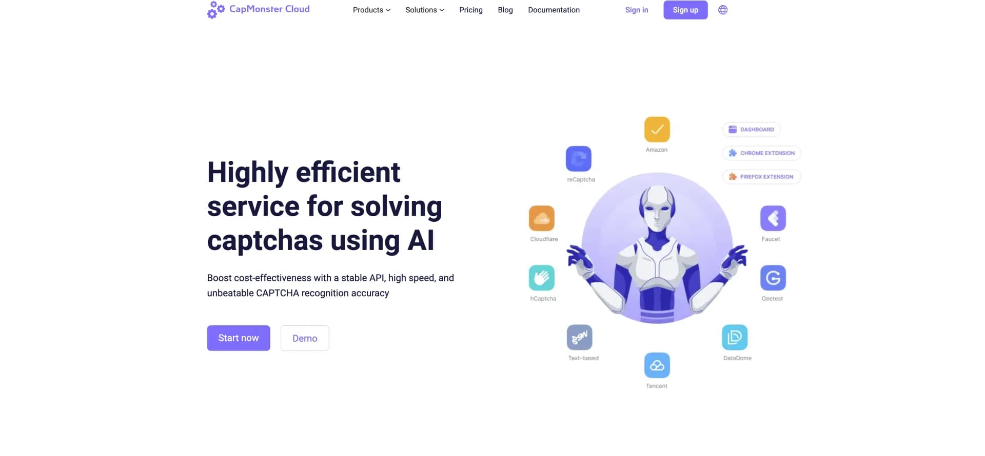 Capmonster homepage screenshot — AI-powered CAPTCHA solving for seamless automation