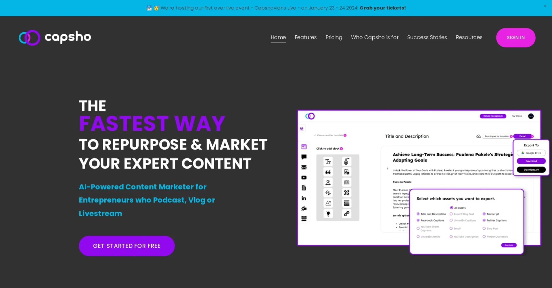 Capsho homepage screenshot — AI-powered content marketer for entrepreneurs