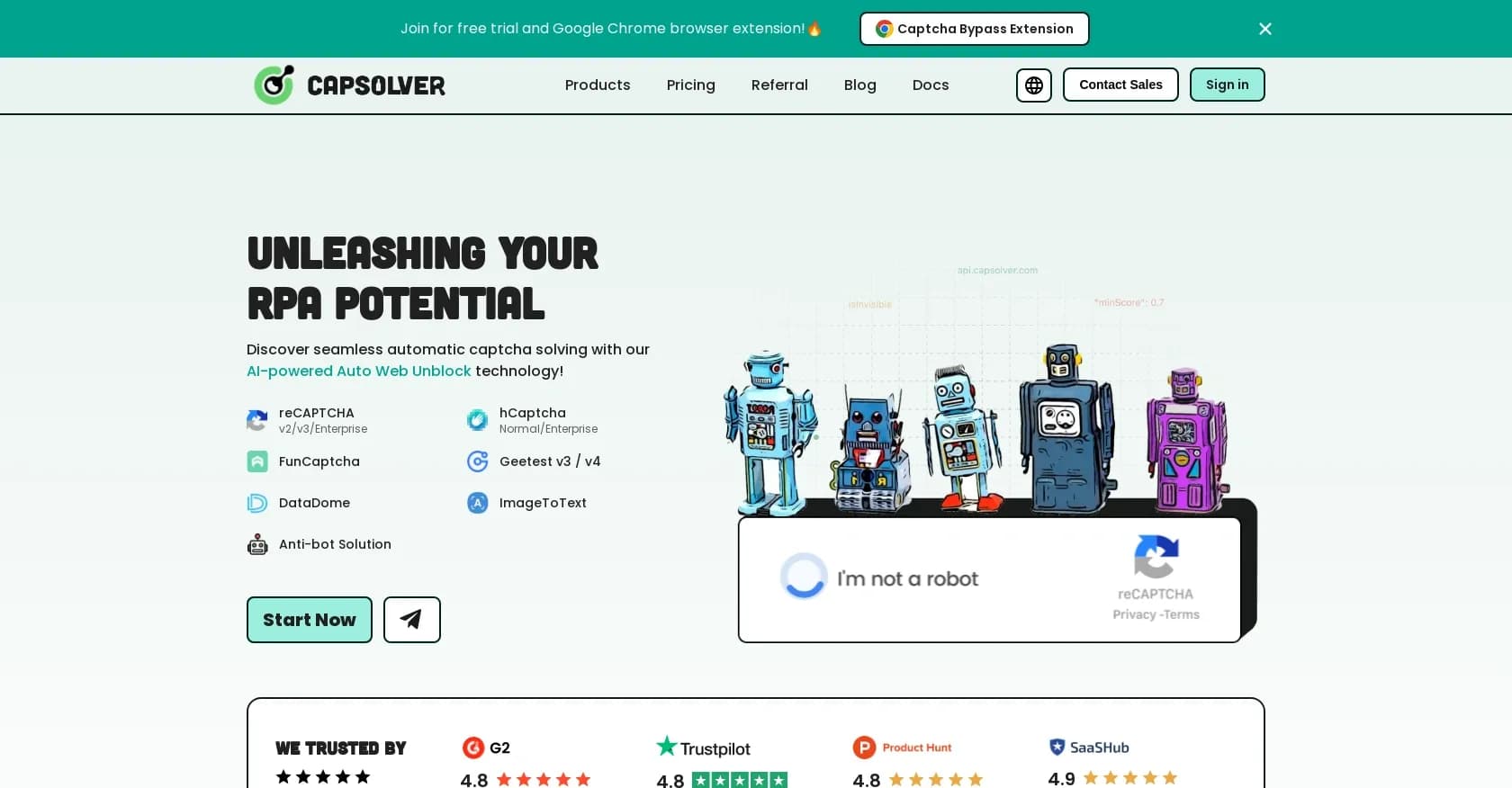 Capsolver homepage screenshot — AI-powered captcha solver for seamless automation.