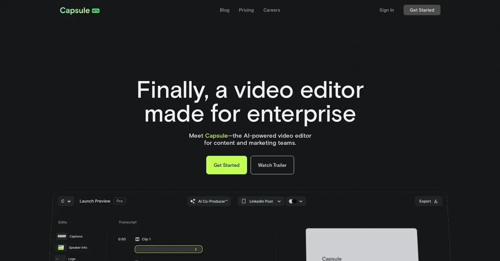 Capsule homepage screenshot — AI-powered video editor for content teams