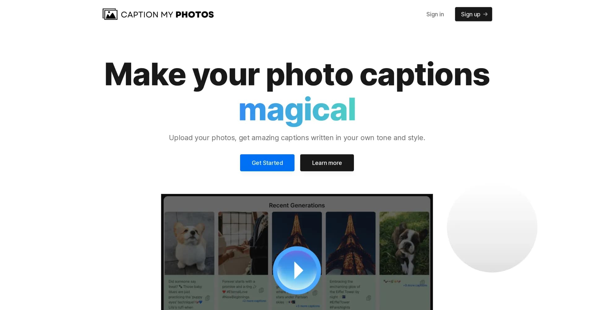 Caption My Photos homepage screenshot — Bulk upload photos, get instant quality captions