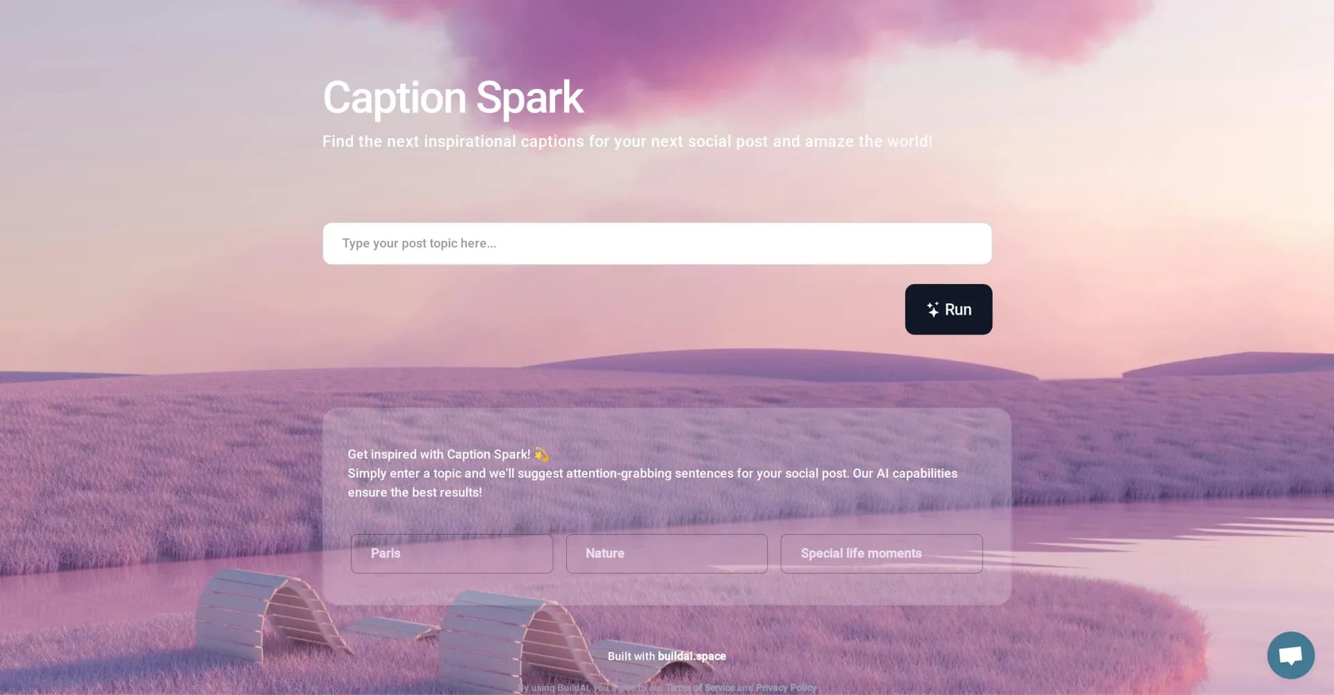 Caption-spark homepage screenshot — Spark captivating captions for social media posts.