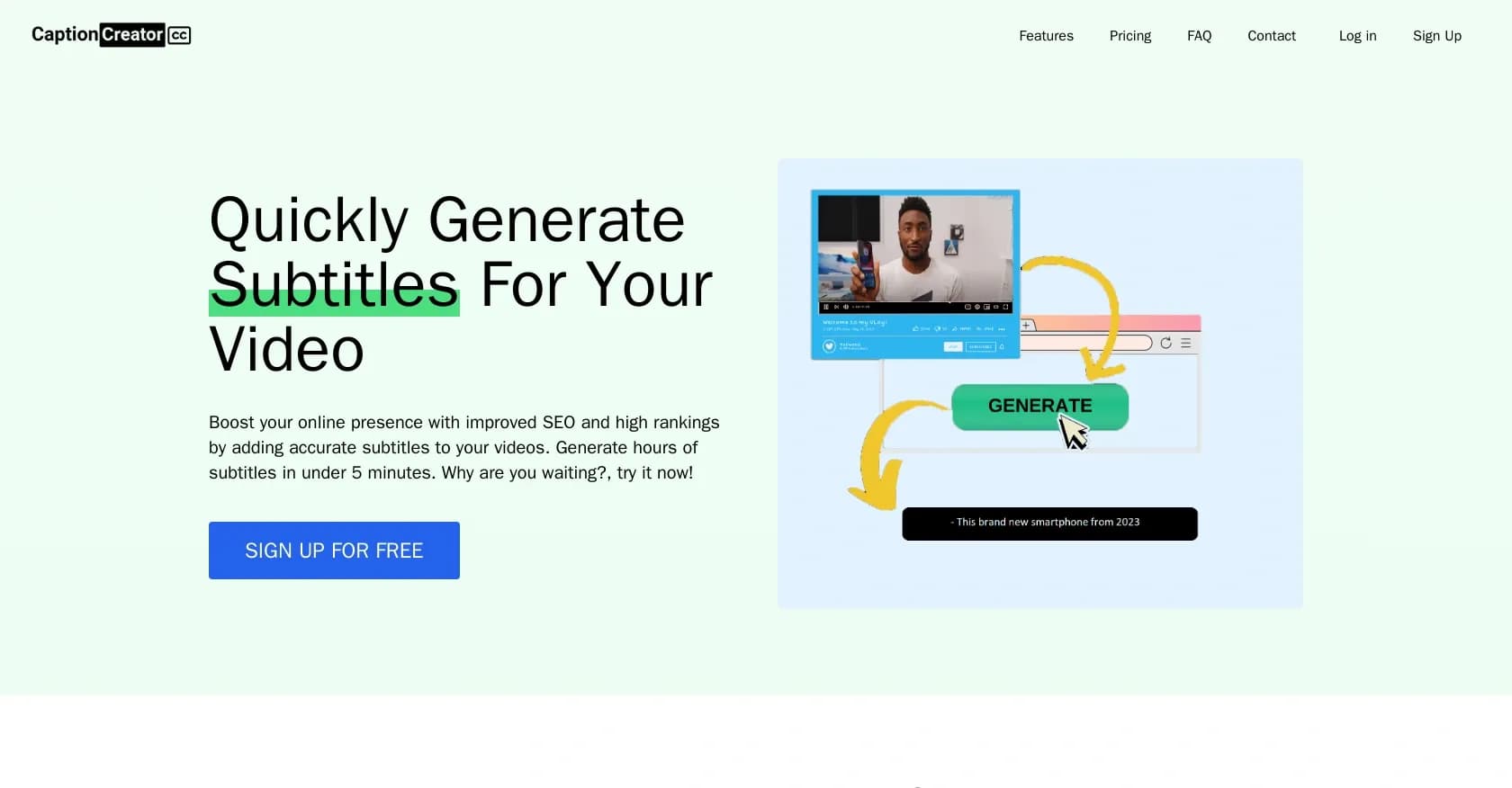 CaptionCreator homepage screenshot — Generate precise video subtitles effortlessly online.
