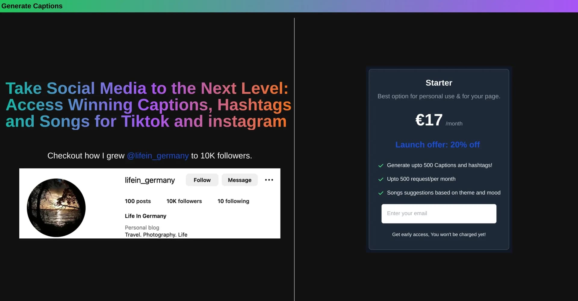 Captiongenerator homepage screenshot — Ignite social media with winning captions and hashtags