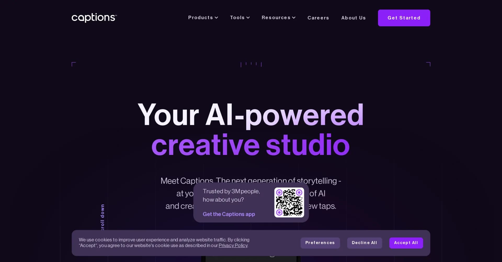 Captionsv2.4.10 homepage screenshot — AI-powered creative studio for studio-grade videos.