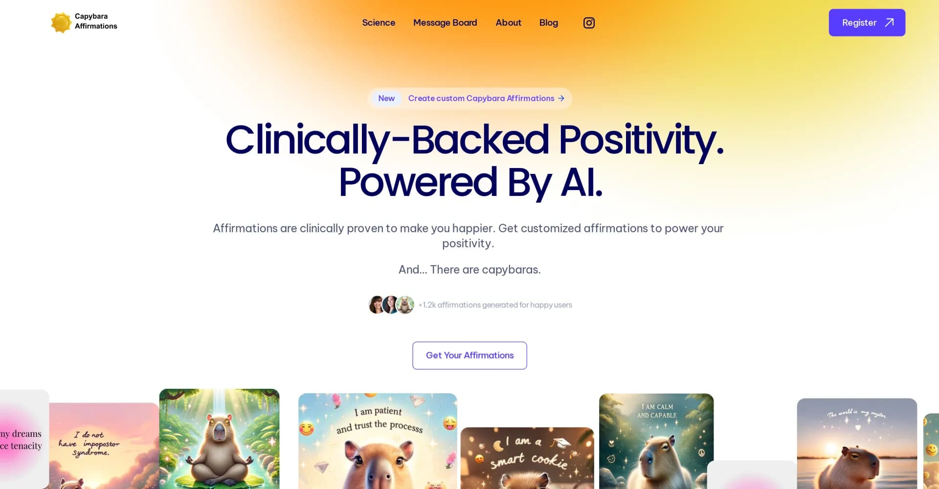 Capybara Affirmations AI homepage screenshot — AI-powered affirmations for happiness, now with capybaras.