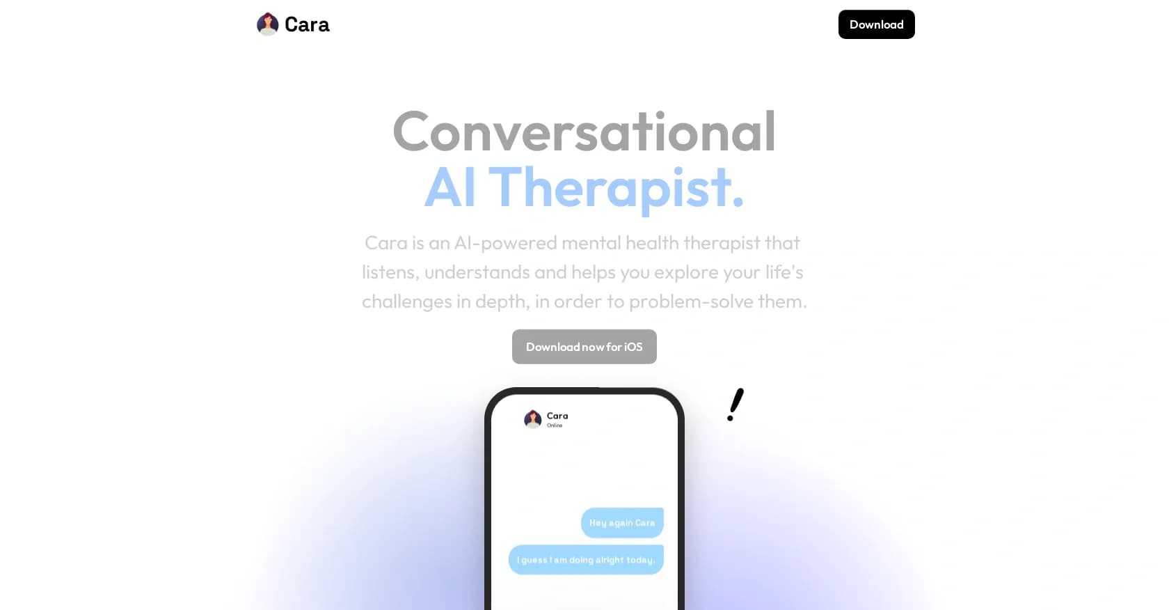 Cara homepage screenshot — Your AI mental health companion.