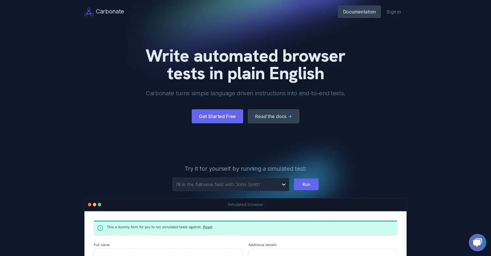 Carbonate homepage screenshot — Write automated browser tests in plain English.
