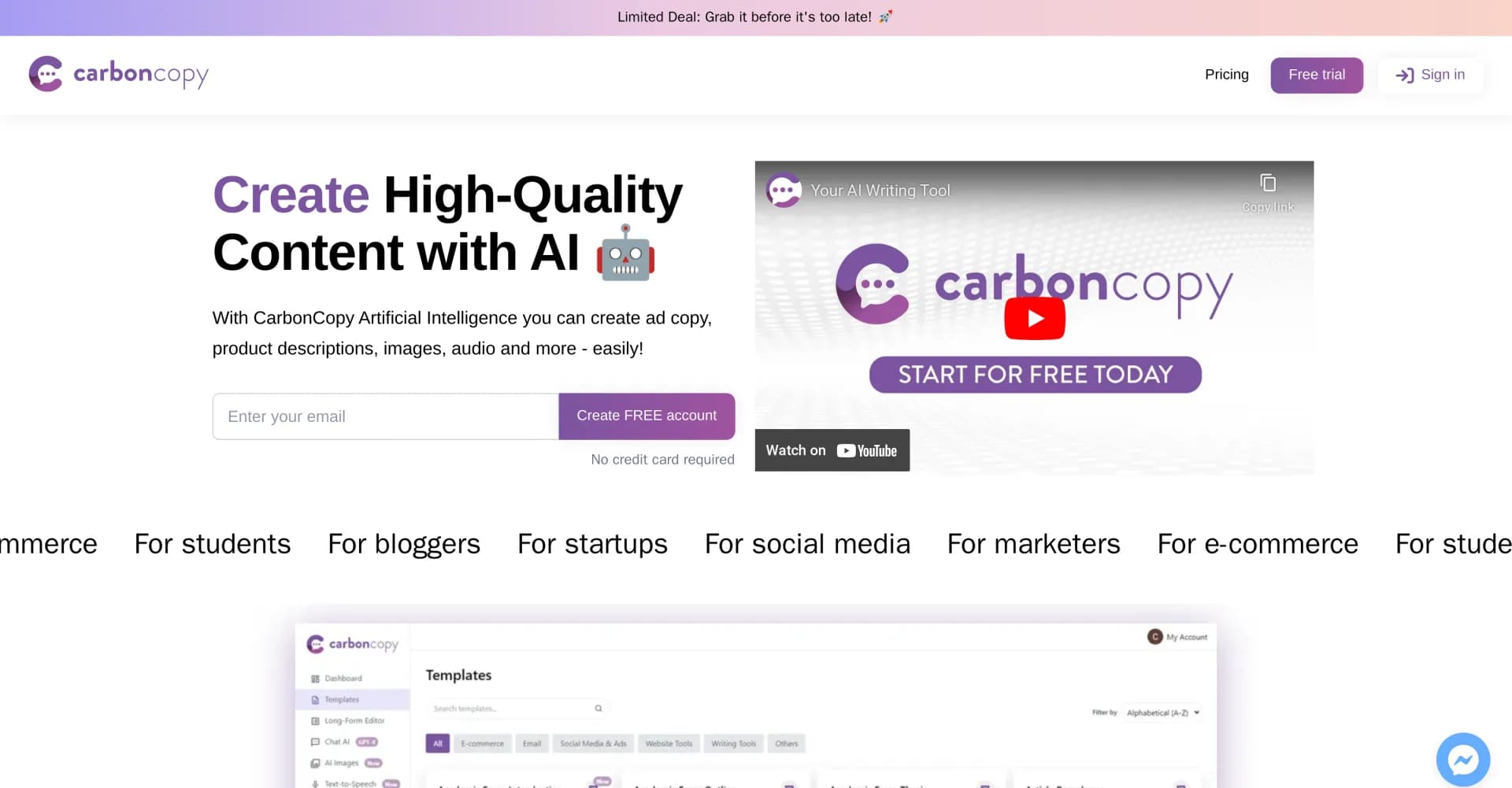 CarbonCopy homepage screenshot — Create high-quality content with AI