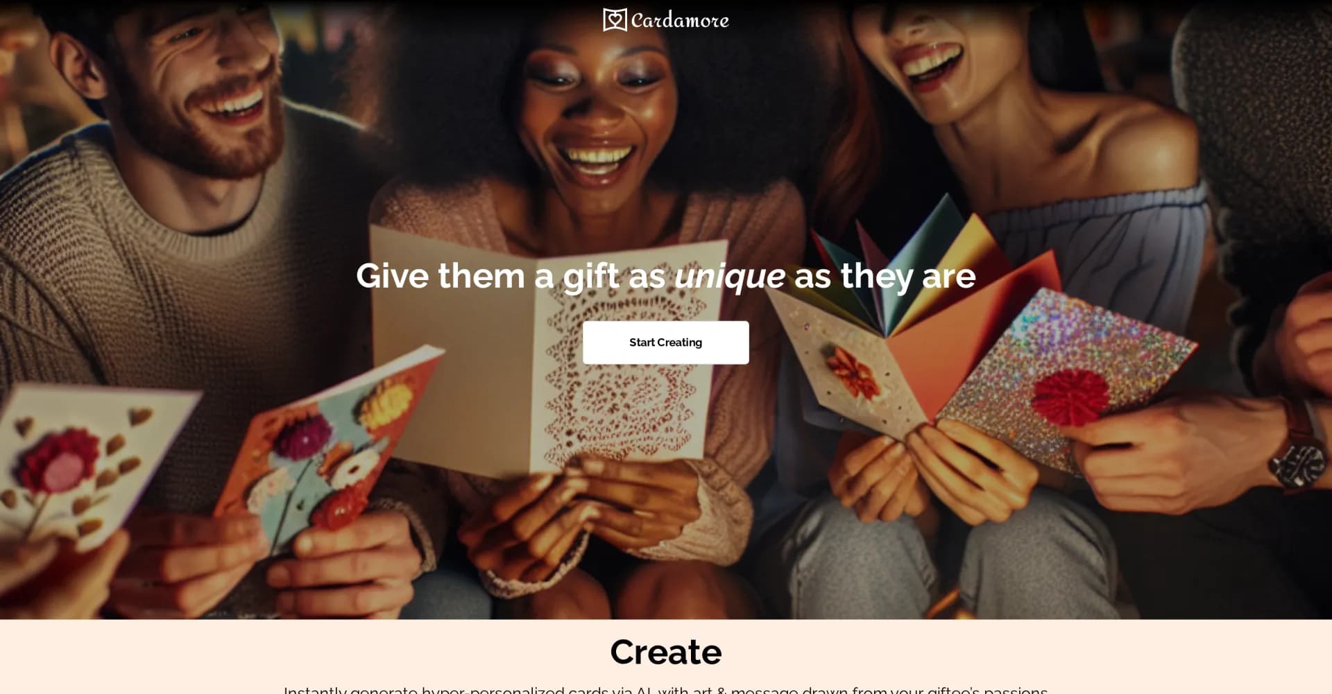 Cardamore homepage screenshot — AI-generated personalized cards for every occasion