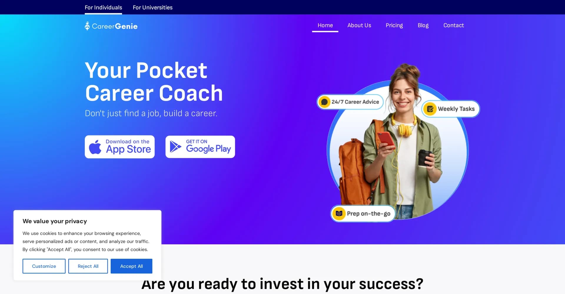 Career Genie homepage screenshot — AI-powered pocket career coach.