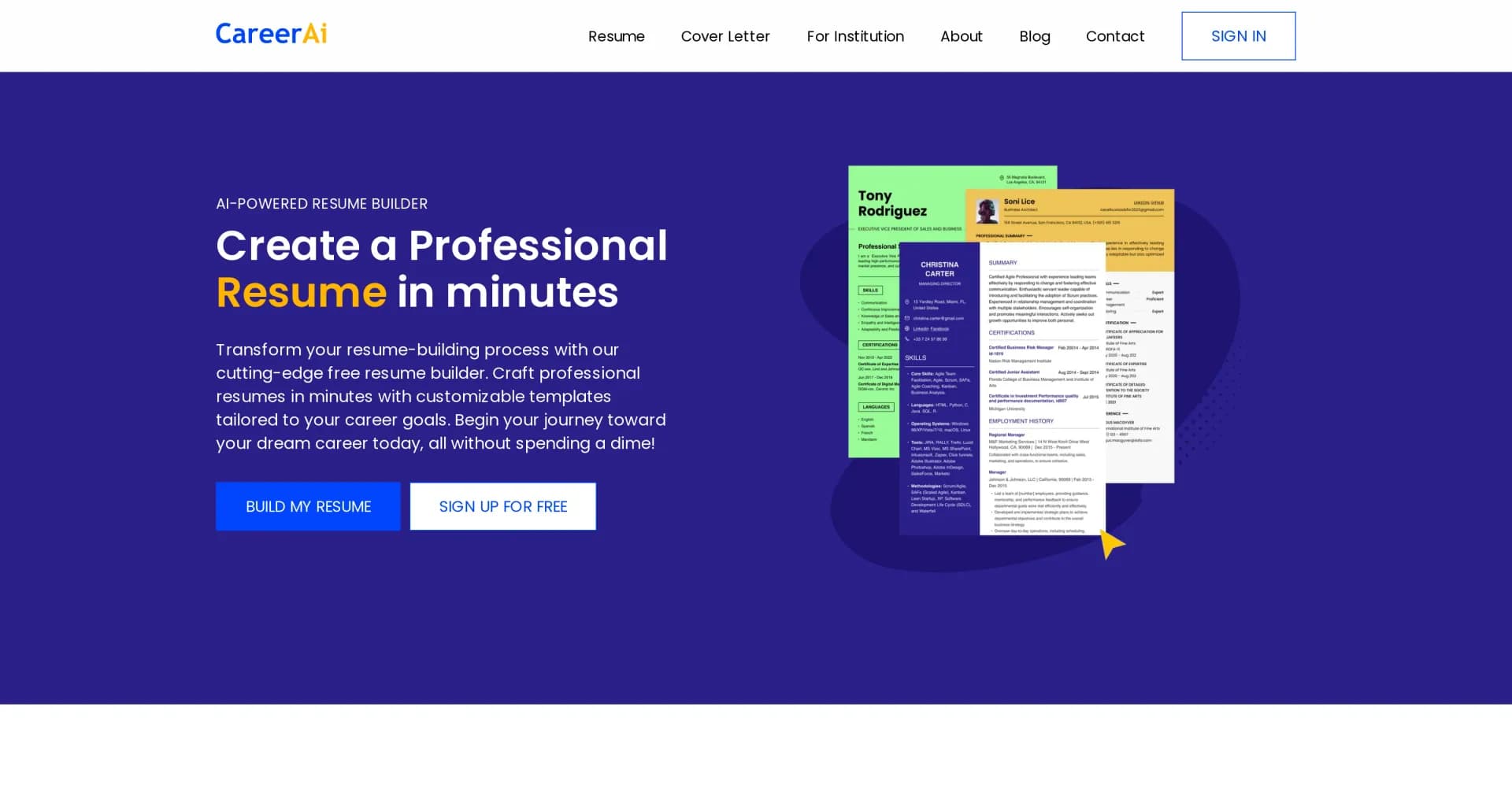 CareerAI homepage screenshot — Create professional resumes in minutes with AI.
