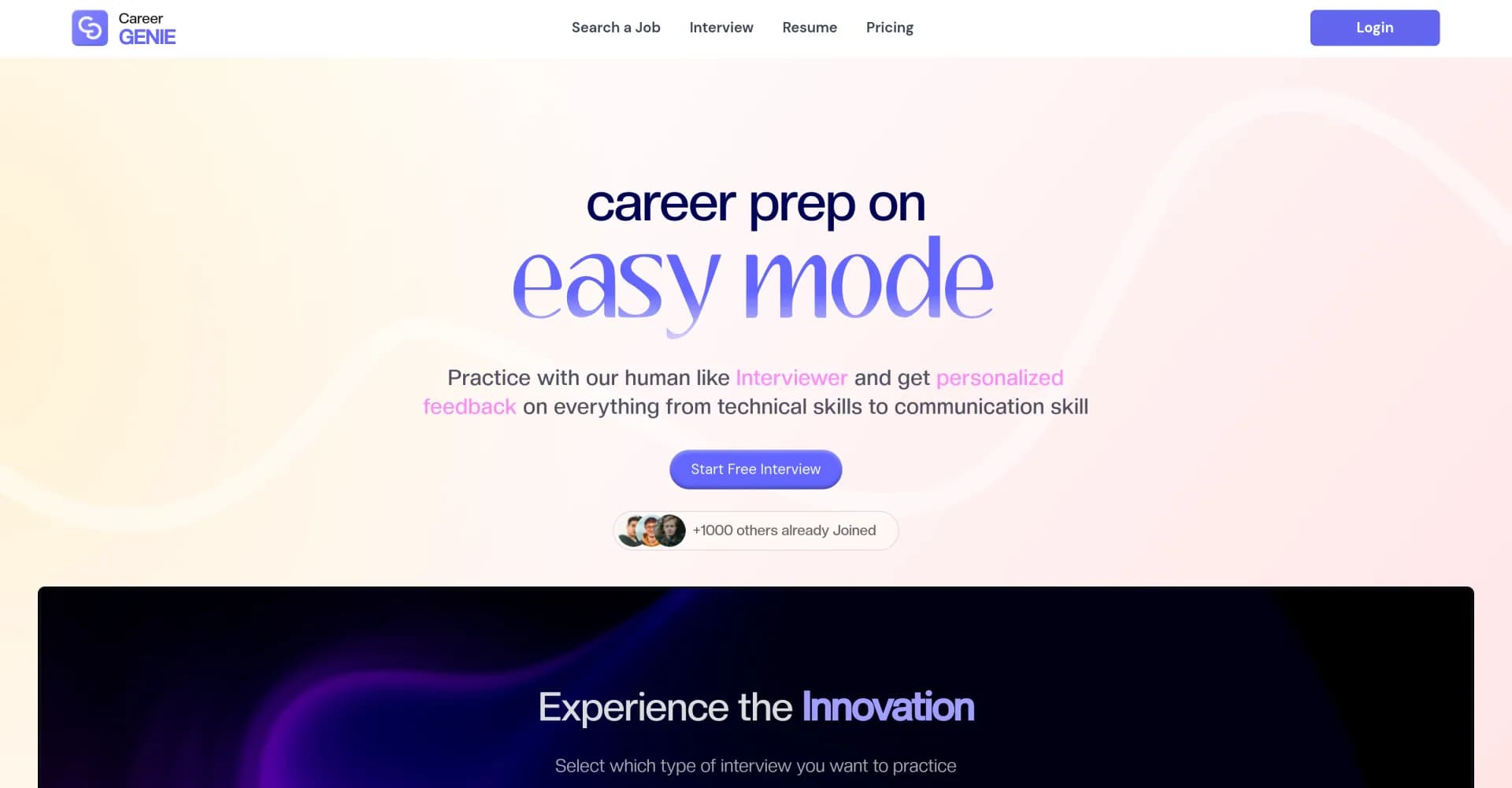 CareerGenie homepage screenshot — Ace interviews with AI-powered practice and prep.