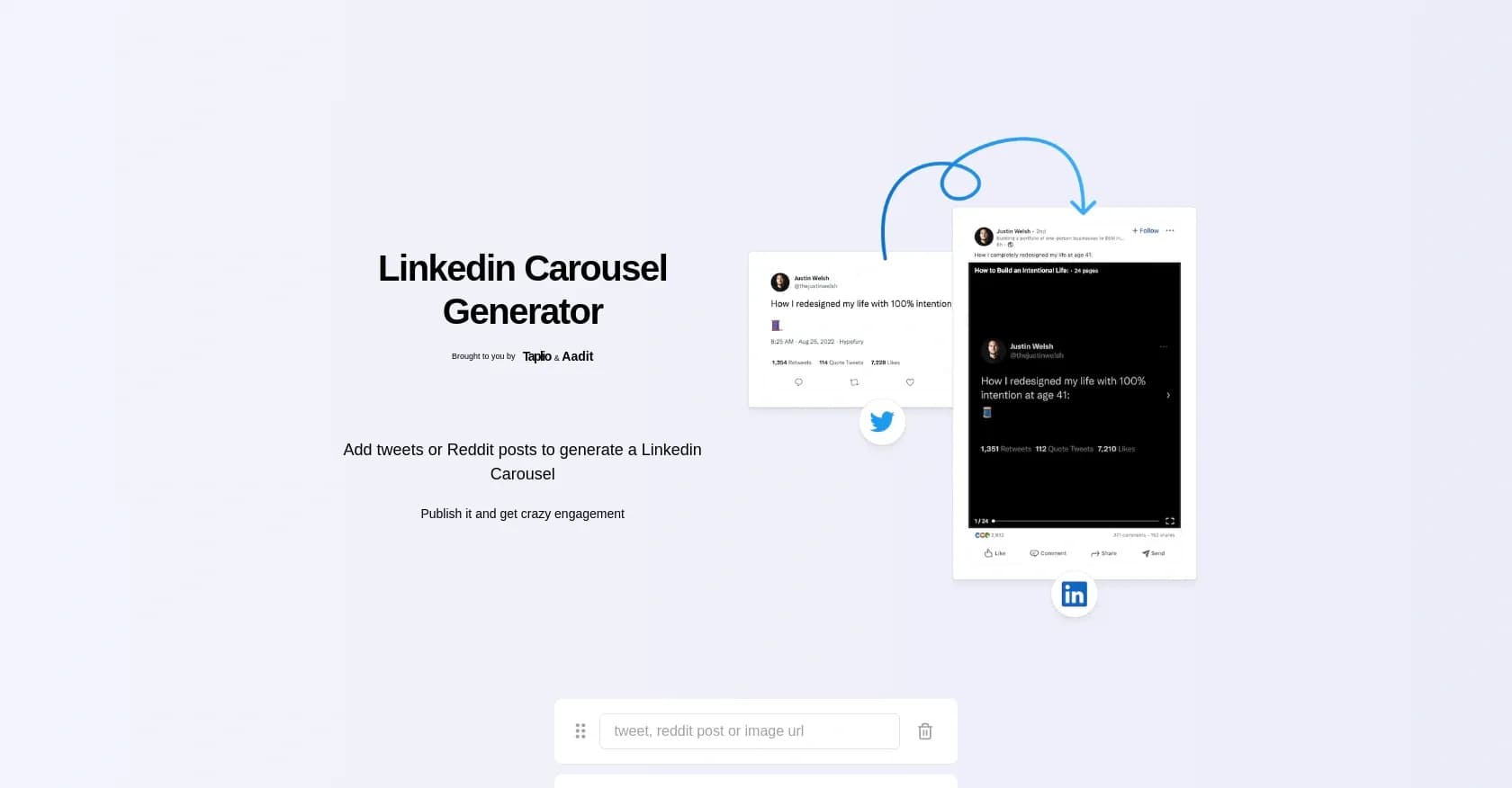 Carousel homepage screenshot — Turn images, tweets or Reddit posts into LinkedIn carousels