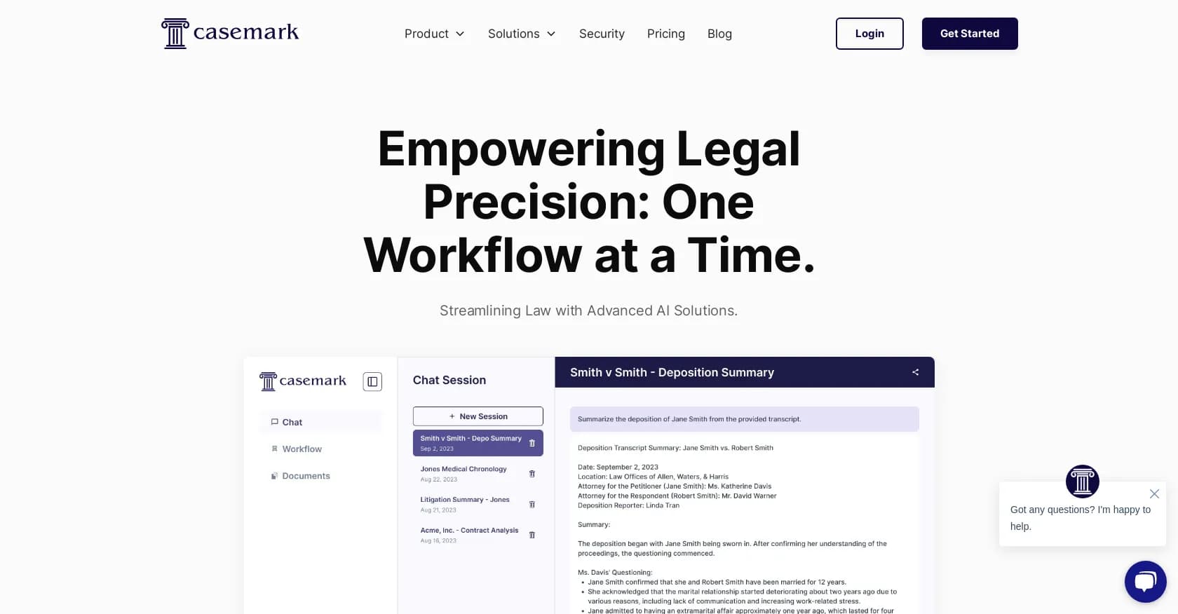 CaseMark homepage screenshot — AI-powered workflows for streamlined legal operations