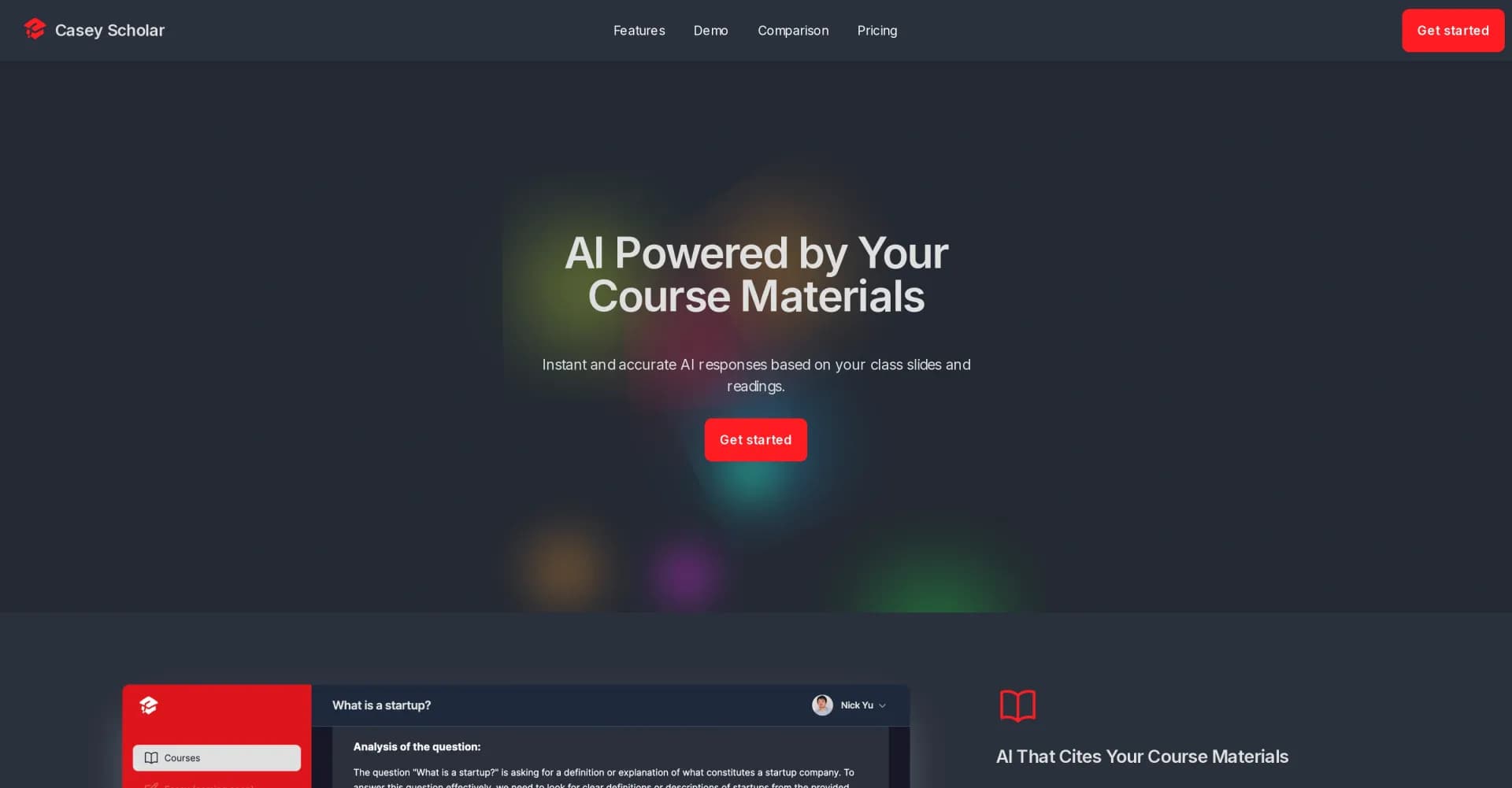 Casey Scholar homepage screenshot — AI answers powered by your course materials