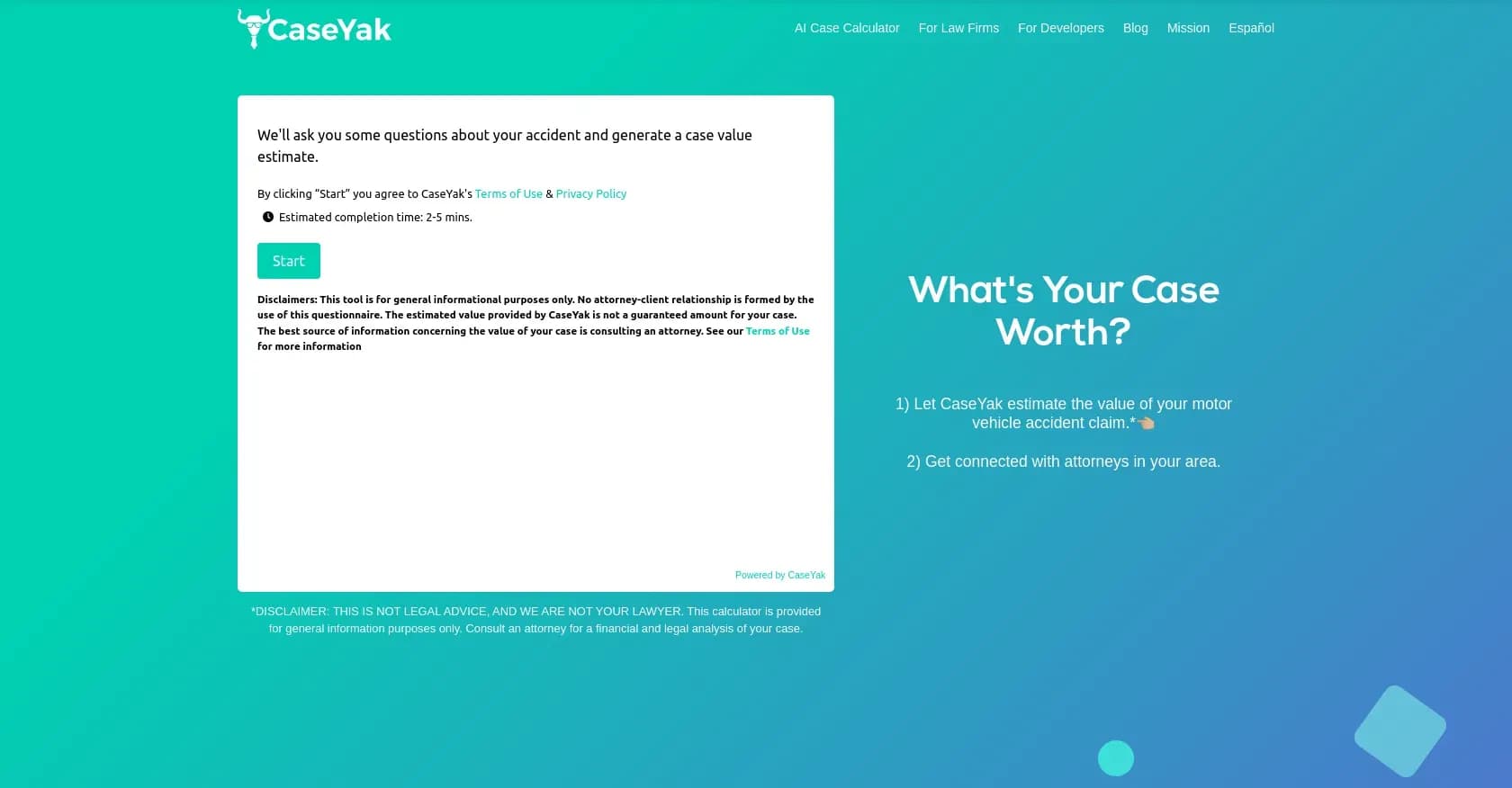 Caseyak homepage screenshot — AI to predict personal injury lawsuit values