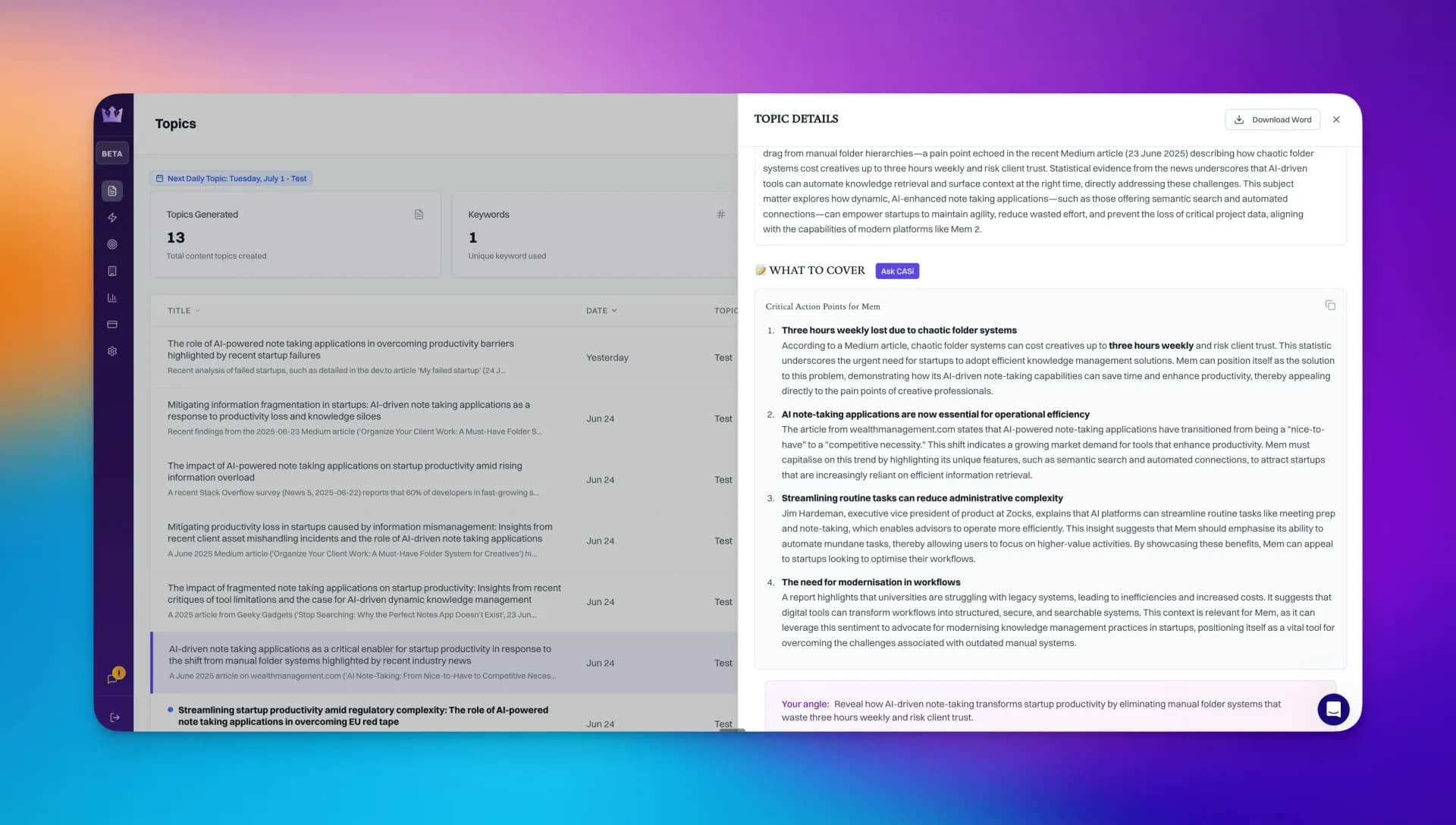 CASi Scout by Cntent homepage screenshot — News-driven topic briefs for content writers