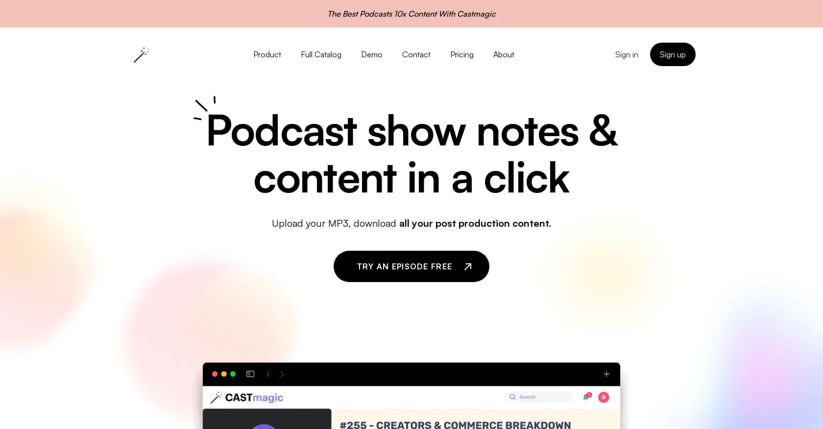 Castmagic homepage screenshot — Turn podcast audio into instant content