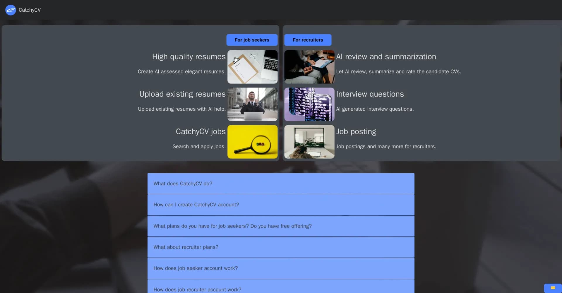 CatchyCV homepage screenshot — Create AI-assessed elegant resumes