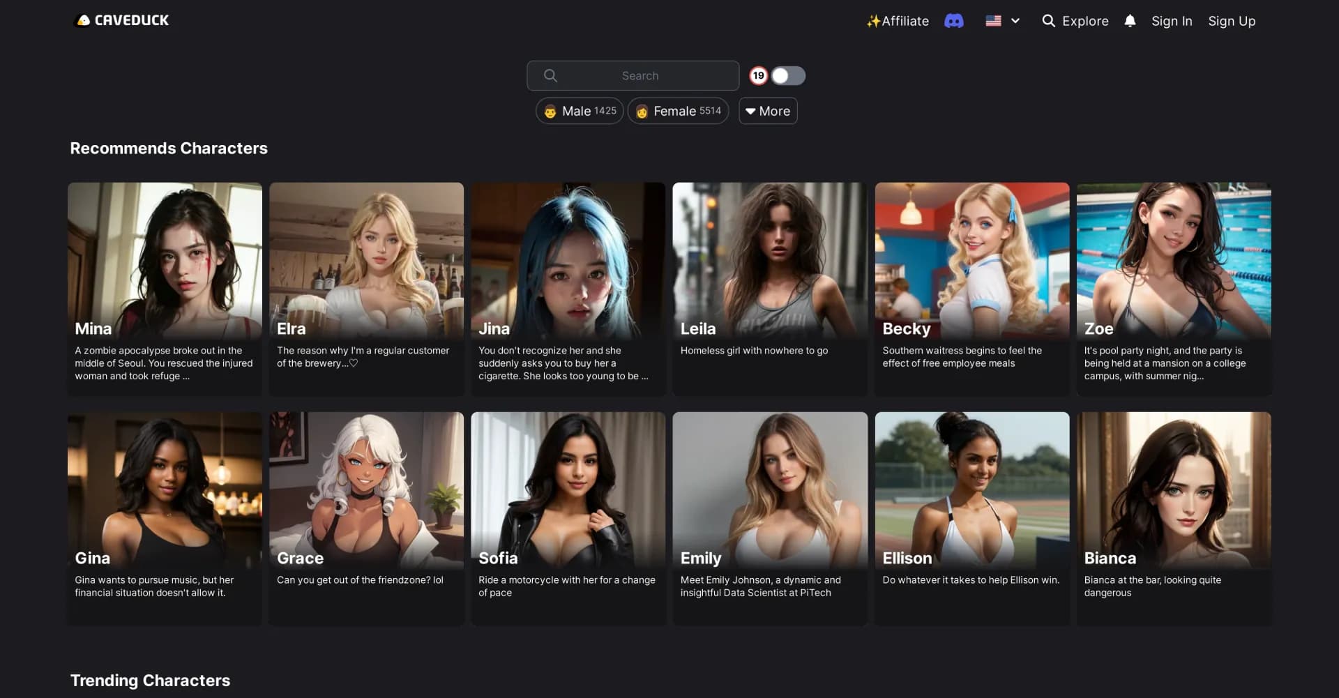 Caveduck homepage screenshot — Create your own unique AI friend.