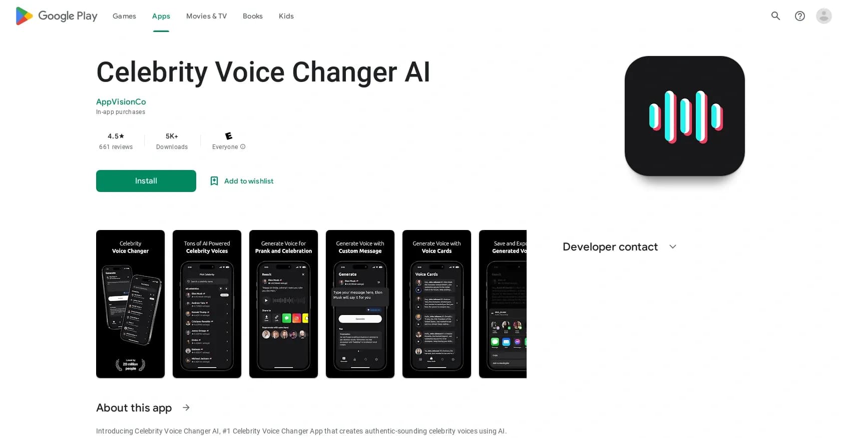Celebrity Voice Changer AI homepage screenshot — Voice generator for celebrity impersonation on mobile.