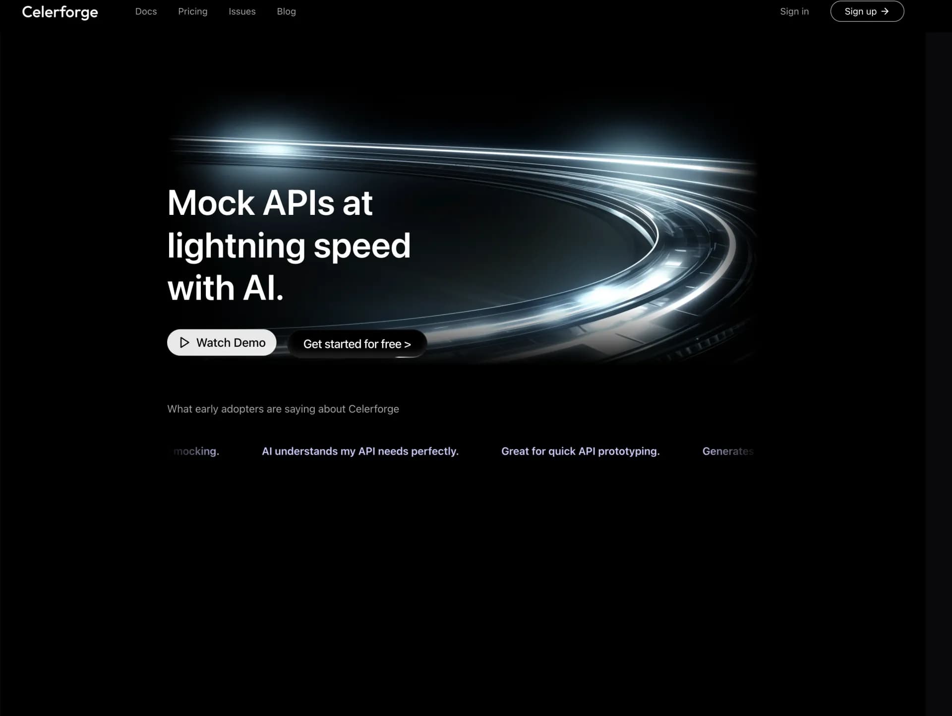 Celerforge homepage screenshot — AI-powered mock APIs in seconds