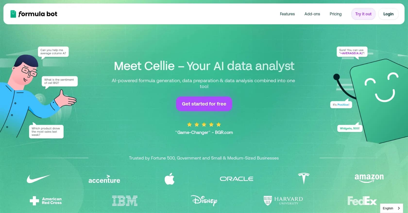 Cellie homepage screenshot — AI-powered formula generation for Excel and data analysis