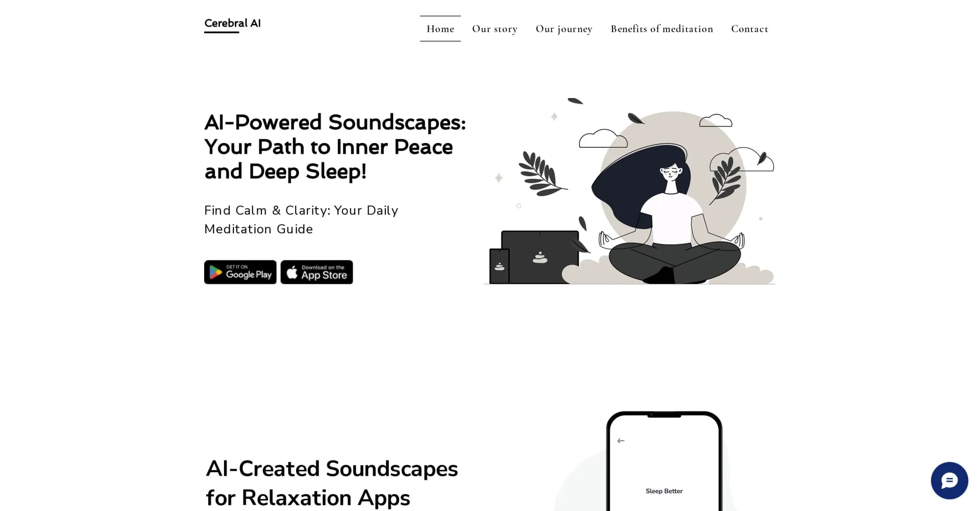 Cerebral AI homepage screenshot — AI-powered soundscapes for inner peace and deep sleep