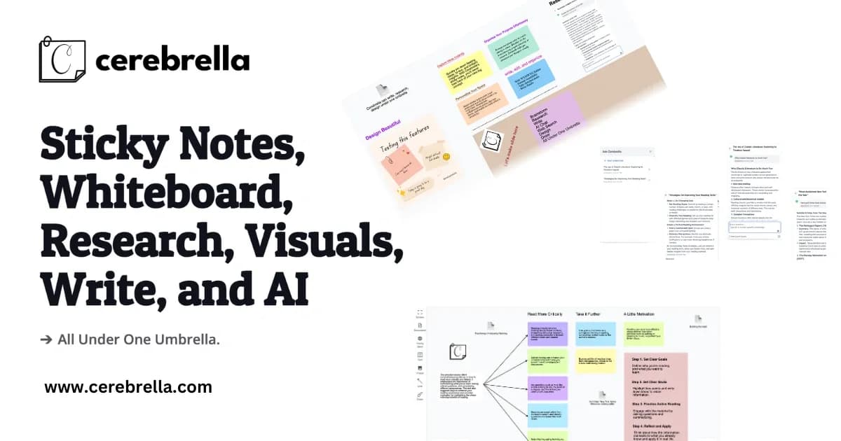 Cerebrella homepage screenshot — AI-powered workspace for visual thinking and research.