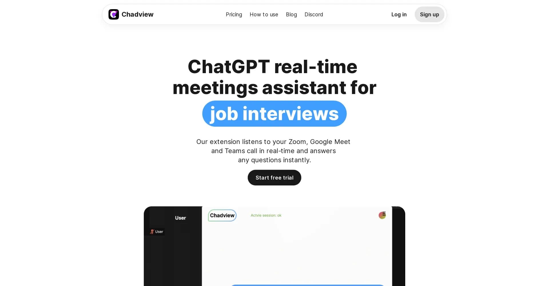Chadview homepage screenshot — Real-time ChatGPT assistant for job interviews