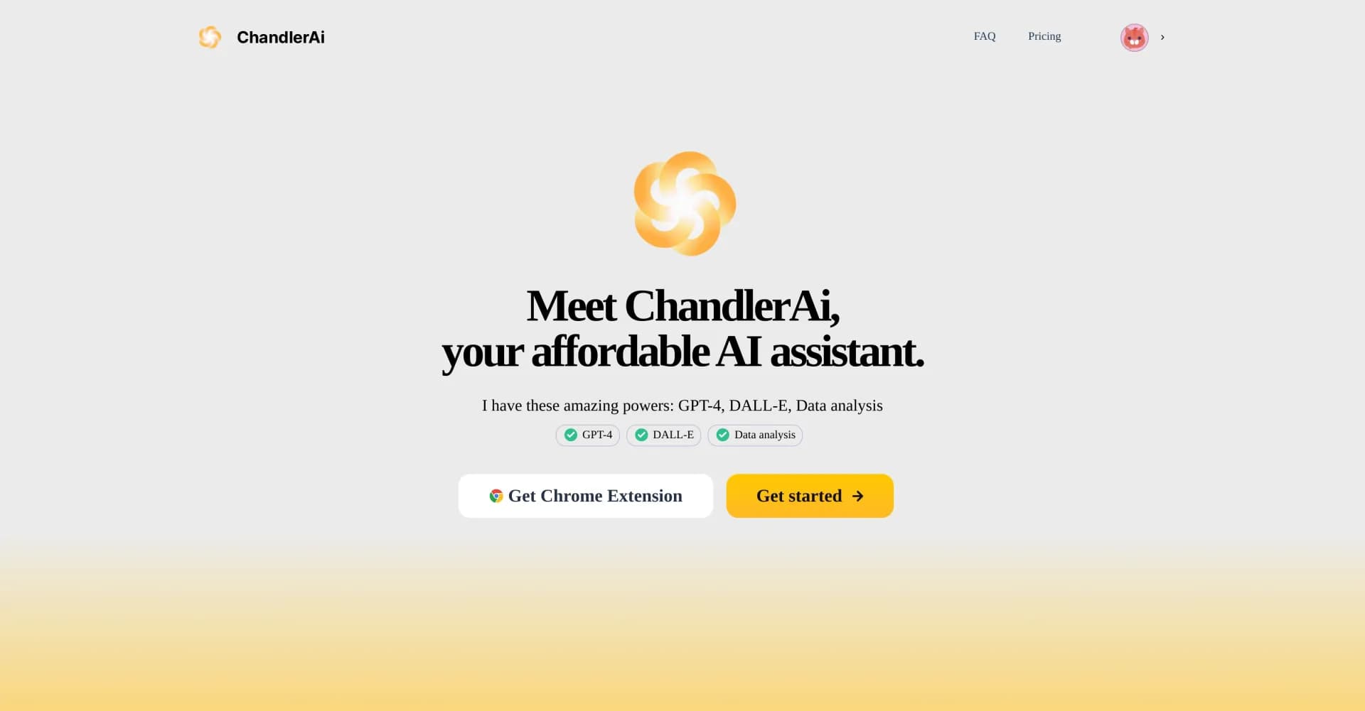 ChandlerAI homepage screenshot — Your personal AI assistant for GPT-4, image generation, and 