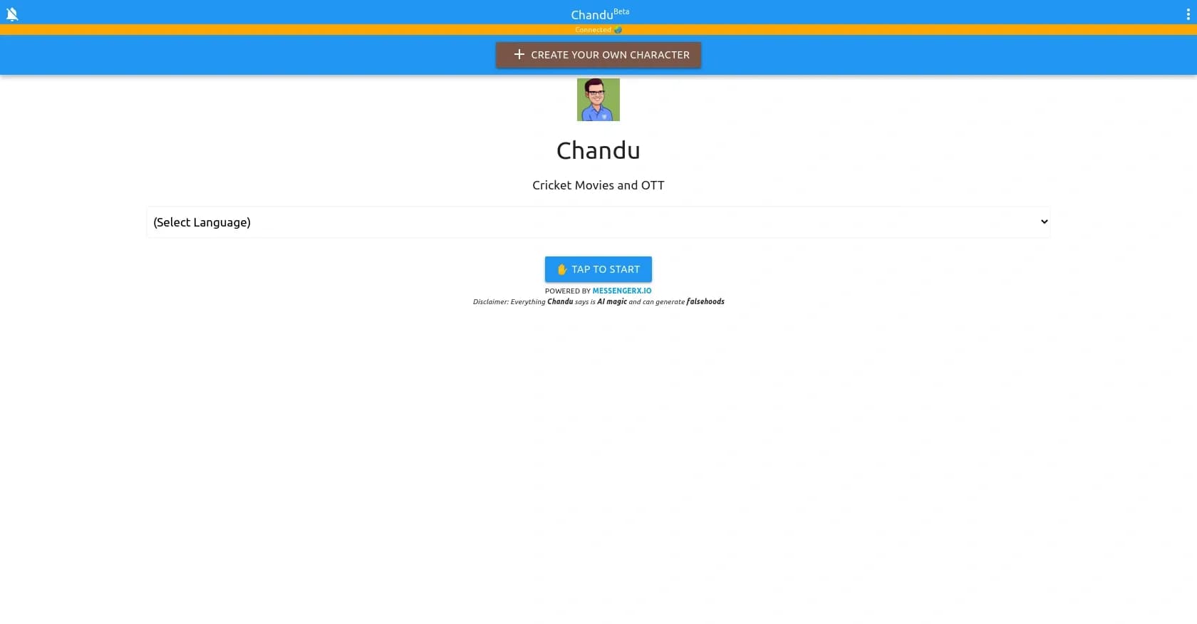 Chandu homepage screenshot — Your AI companion for cricket, movies, and streaming.