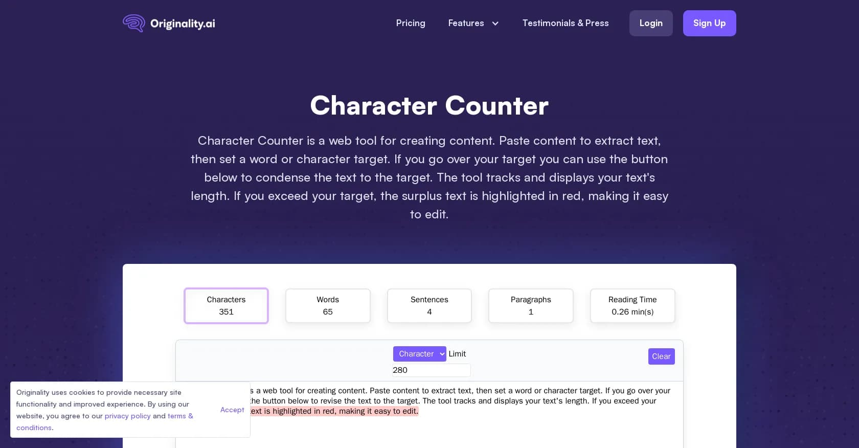 Character Counter homepage screenshot — Create content with precision using AI-powered word counting