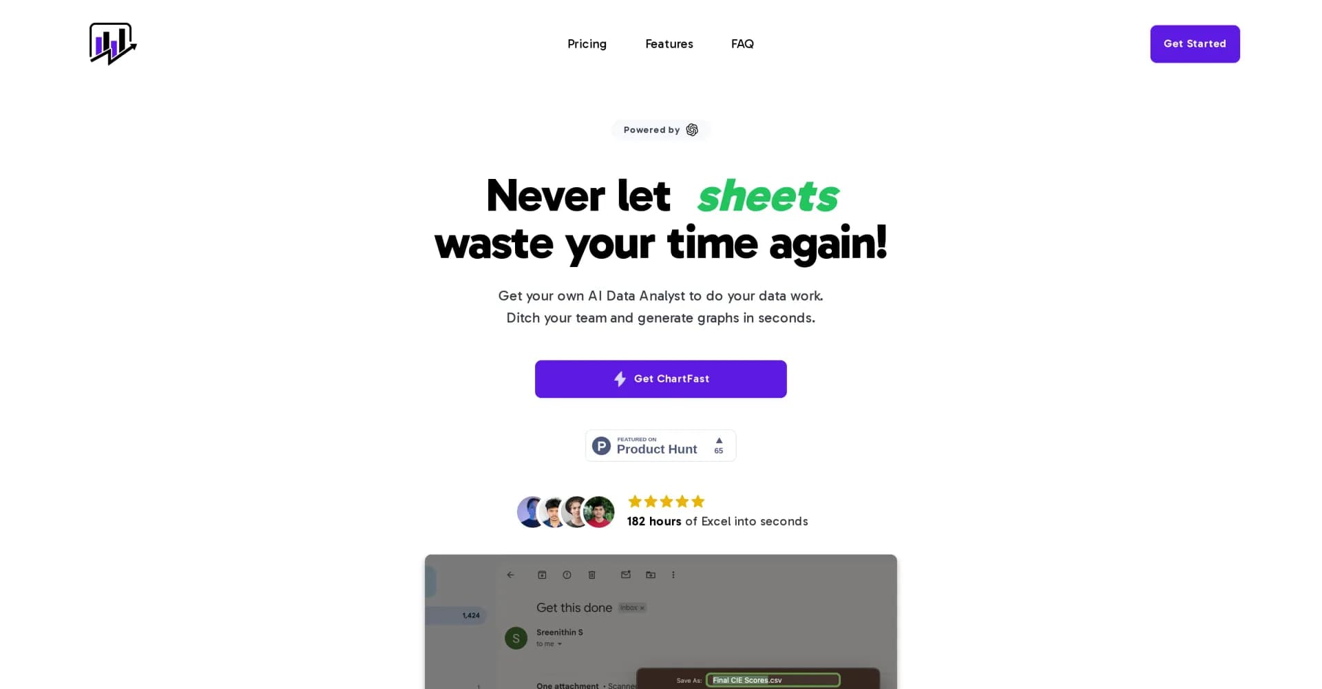 ChartFast homepage screenshot — Your AI data analyst for instant visualizations.