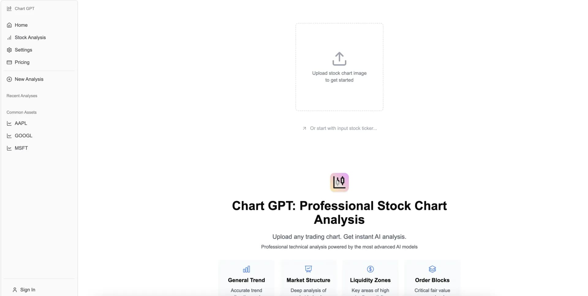 ChartGPT AI homepage screenshot — AI-powered stock chart analysis in seconds